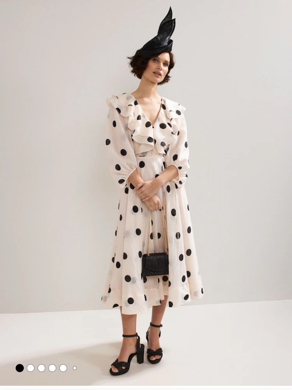 Polka Dot Ruffle Midi Dress in Cream and Black